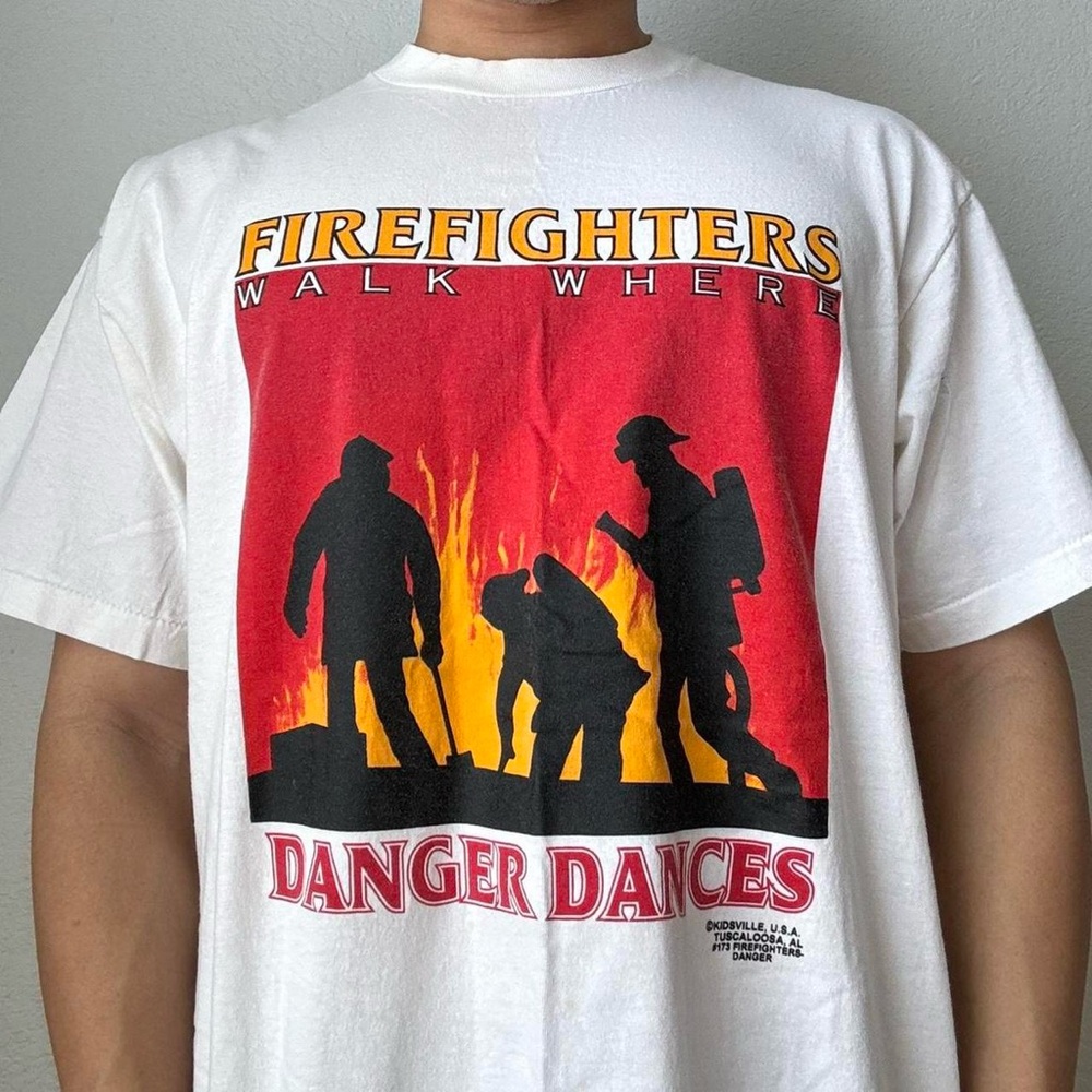 Vintage 1990s 'Firefighters Danger Dances' Graphics White Single Stitched Shirt